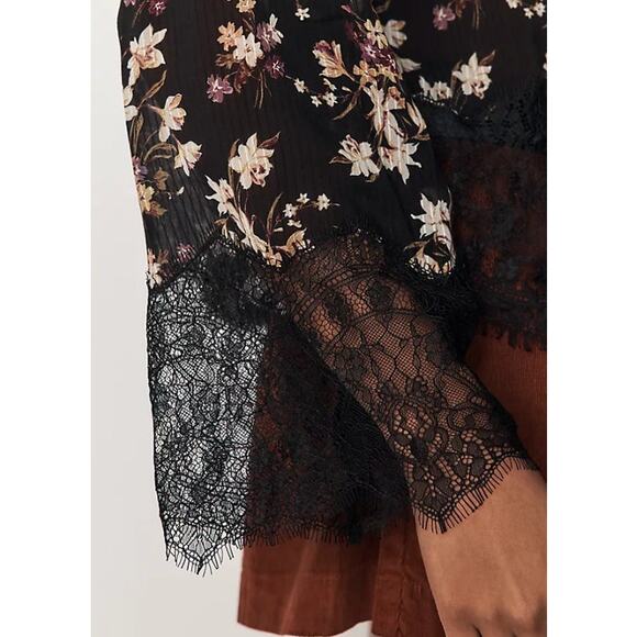 Anthropologie Black Lace Ruffle Floral Sheer Blouse - Picture 10 of 13